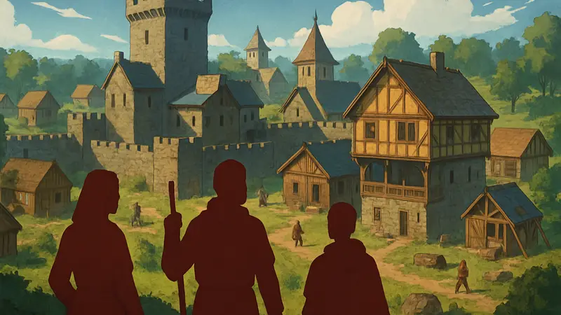 Обложка игры Going Medieval с изображением средневекового поселения и строений в изометрии