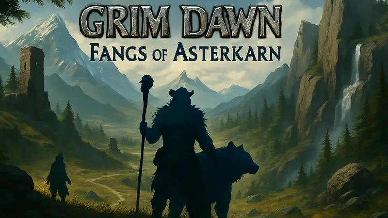 Логотип Grim Dawn с названием DLC Fangs of Asterkarn на фоне фэнтезийного пейзажа.