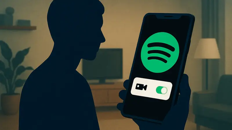 Логотип Spotify на экране смартфона, настройки отключения видеоконтента в приложении