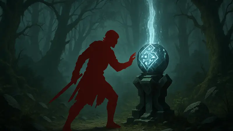 Игровой персонаж решает загадку в Ведьминских лесах Crimson Desert, активируя источник энергии.