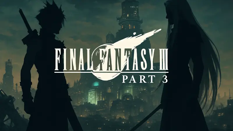 Логотип Final Fantasy 7 Remake Part 3 на фоне персонажей, таких как Клауд и Сефирот