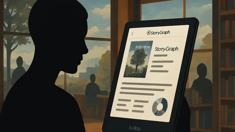 Электронный ридер Kobo, на экране которого отображается интерфейс StoryGraph с информацией о книге.
