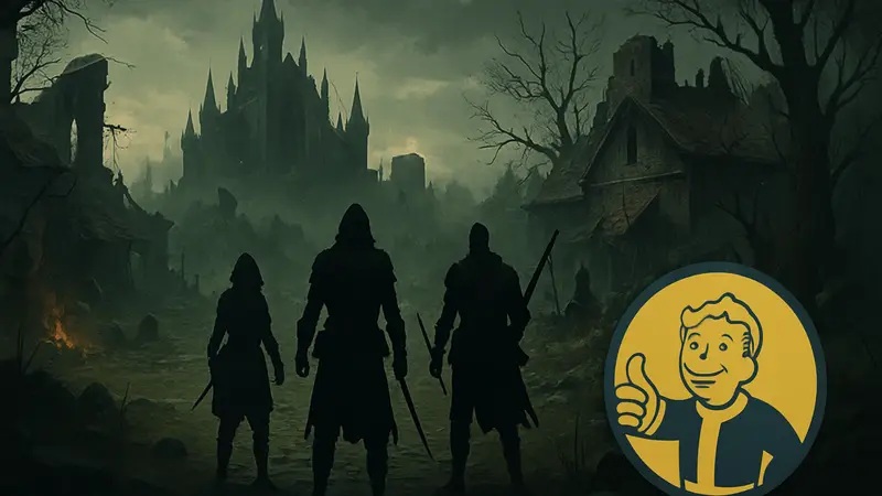 Арт из игры The Blood of Dawnwalker, изображающий мрачный фэнтезийный мир с элементами изометрической RPG, рядом с логотипом Fallout.