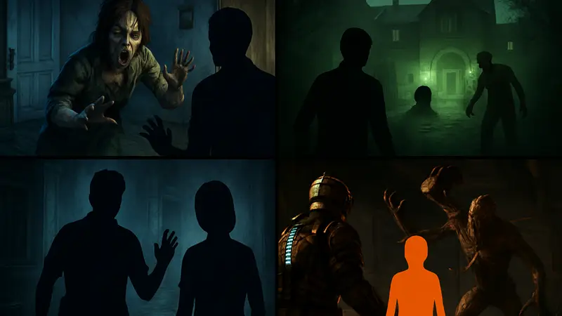 Коллаж из скриншотов знаковых хоррор-игр, таких как Resident Evil, Outlast и Dead Space.