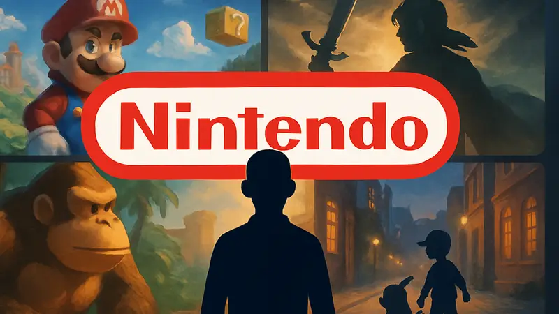 Логотип Nintendo на фоне кадров из различных игр и фильмов по ним, символизирующий десятилетние кинопланы компании.