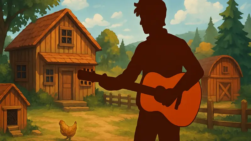 Главный герой Stardew Valley с гитарой на фоне фермы, символизирующий саундтрек