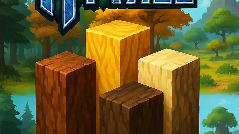 Различные виды древесины Hytale: Goldenwood, Lightwood и другие текстуры на фоне биомов.