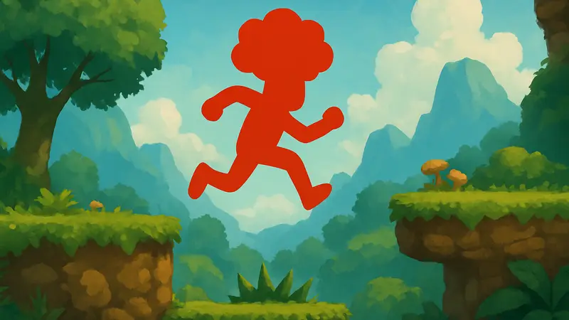 Mr. Brocco, главный герой 2D-платформера, прыгает через препятствия в ярком игровом мире.