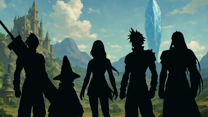 Несколько персонажей из разных частей Final Fantasy, стоящих на заднем плане.
