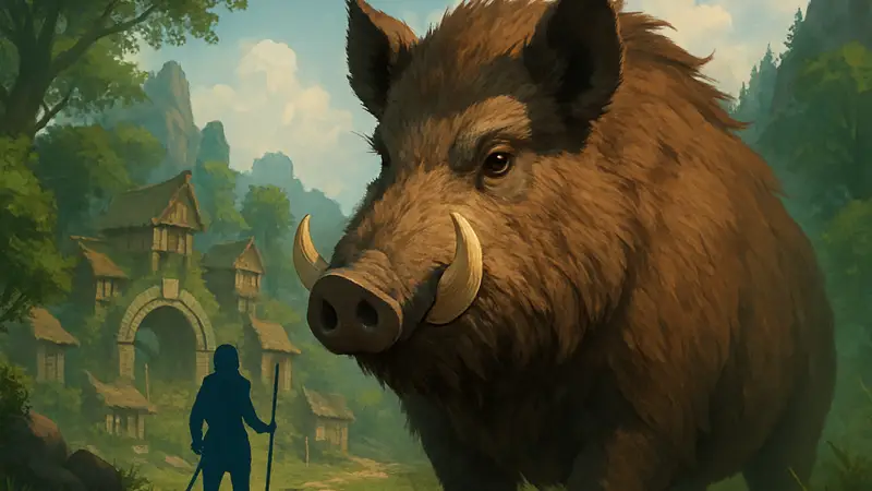 Кабан-компаньон из игры Windrose, крупным планом, с элементами фэнтезийного мира на заднем плане.