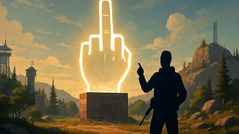 Игрок Rust демонстрирует огромный светящийся средний палец, возведенный на игровом сервере.