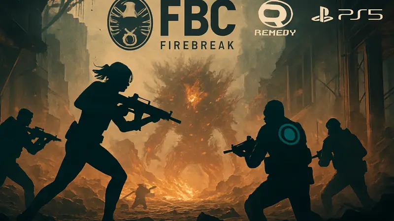 Обложка игры FBC: Firebreak, изображающая оперативников в бою, на фоне логотипов Remedy Entertainment и PlayStation 5.