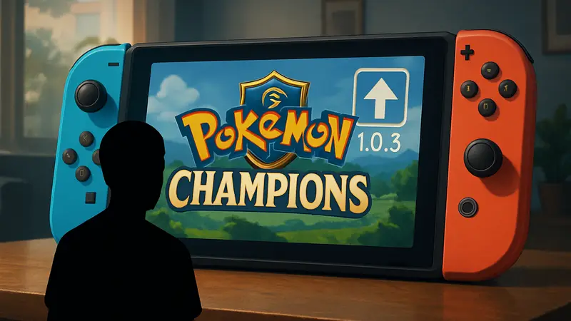 Логотип Pokémon Champions на фоне Nintendo Switch с выпущенным патчем 1.0.3.
