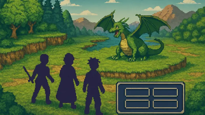 Пиксельная графика, изображающая сцену из старой JRPG с текстовым меню.