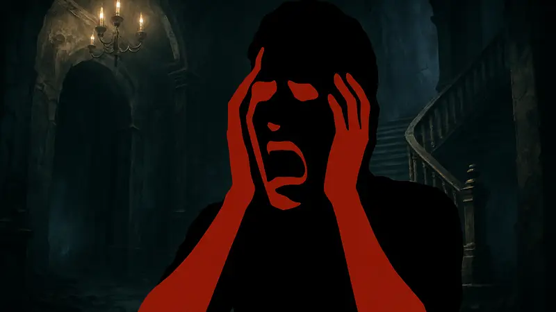 Обложка Resident Evil Requiem с изображением главного героя, охваченного страхом, в тёмных тонах.