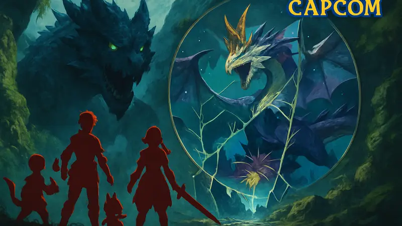 Обложка игры Monster Hunter Stories 3: Twisted Reflection с монстрами и персонажами, логотип Capcom.