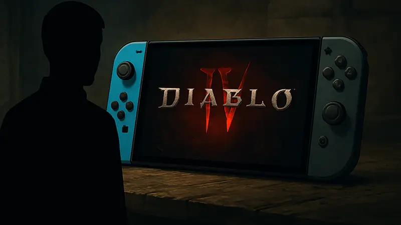 Логотип Diablo IV на фоне консоли Nintendo Switch 2 или изображение рейтинга игры