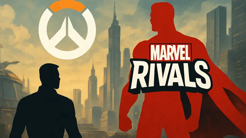 Логотипы Overwatch и Marvel Rivals, символизирующие их соперничество на игровом рынке