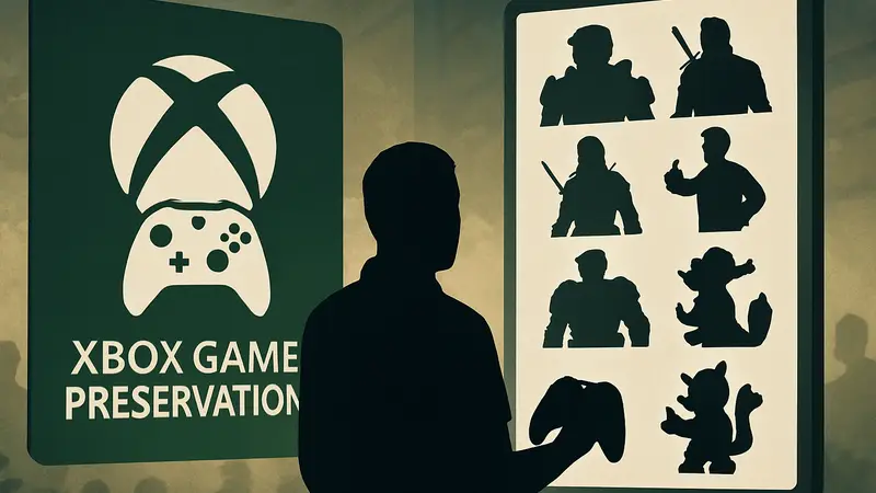 Логотип Xbox Game Preservation с геймпадом Xbox и список популярных игр для сохранения