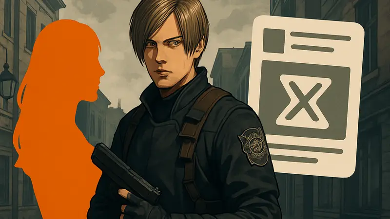Леон Кеннеди из Resident Evil Requiem, возможно, с загадочной девушкой на фоне или символом фейковых новостей