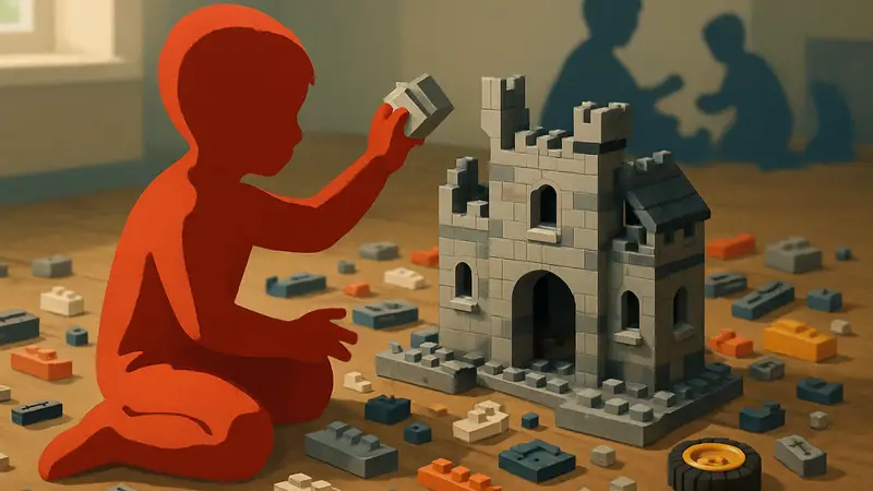 Детали LEGO-конструктора в процессе сборки, напоминающие об игровом процессе