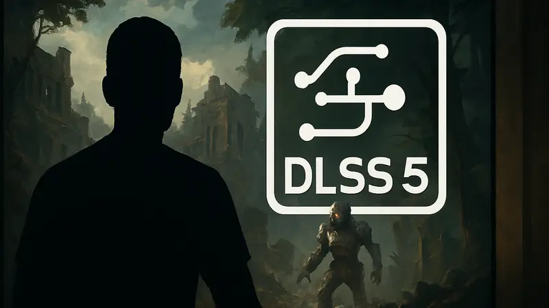 Логотип Nvidia DLSS 5 на фоне игрового экрана, символизирующий ИИ в играх