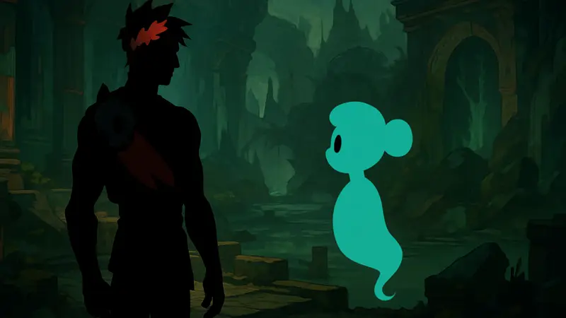 Загрей из игры Hades, разговаривающий с Дусой, на фоне подземного мира.