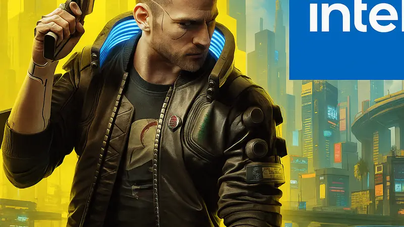 Скриншот из Cyberpunk 2077, демонстрирующий высокую детализацию и плавность графики, с логотипом Intel