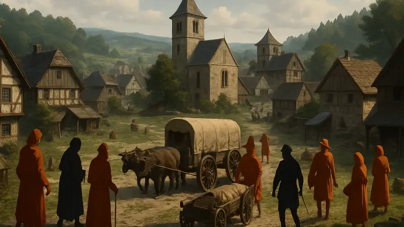 Средневековый город в игре Manor Lords, с постройками, жителями и торговыми караванами.