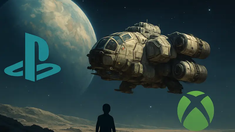 Космический корабль из Starfield на фоне далёкой планеты с логотипами PlayStation и Xbox.