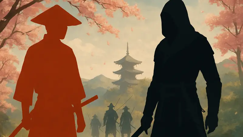 Изображение Ghost of Yotei и Assassin's Creed Shadows, на фоне японских сакур и самураев.