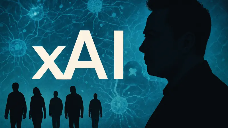 Логотип xAI на фоне абстрактных нейронных сетей или изображений, символизирующих искусственный интеллект и Илона Маска.