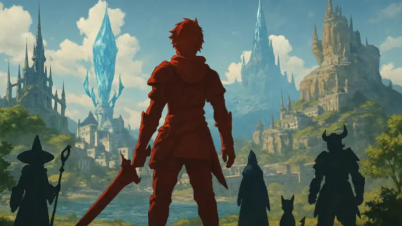 Логотип Final Fantasy 14 на фоне узнаваемых локаций Эорзеи, анонсирующий новое событие.