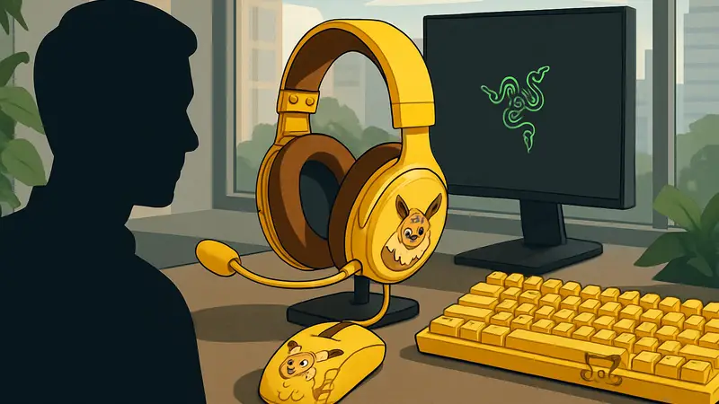 Игровая периферия Razer Eevee и Pikachu: гарнитура, мышь, клавиатура с покемонами.