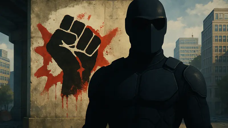 Натан Митчелл в образе Черного Нуара из сериала «Пацаны» на фоне символики сериала.