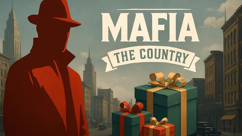 Логотип Mafia: The Old Country на фоне городского пейзажа 40-х годов. Подарки для игроков Mafia.