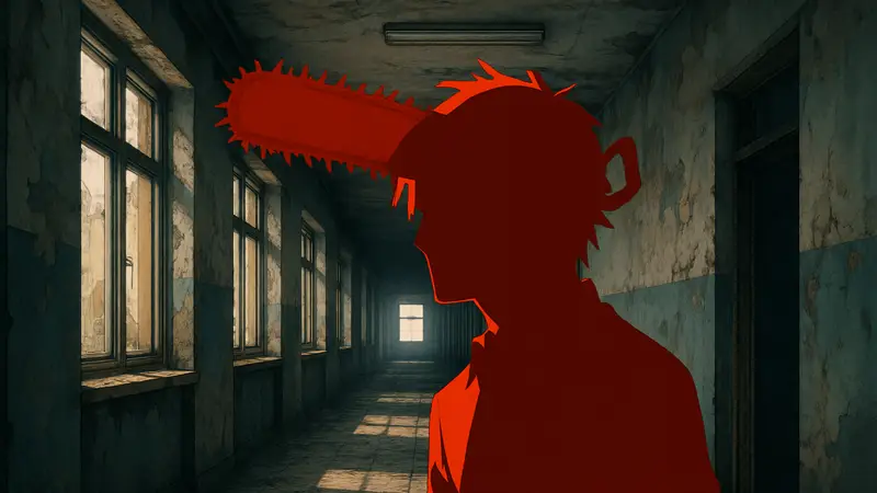 Изображение Денджи из манги Chainsaw Man, символизирующее напряженный момент в сюжете и его будущее.