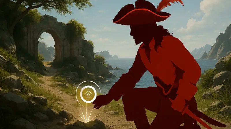 Скриншот Crimson Desert с персонажем в шляпе Пиратского Короля, ищущим сокровища