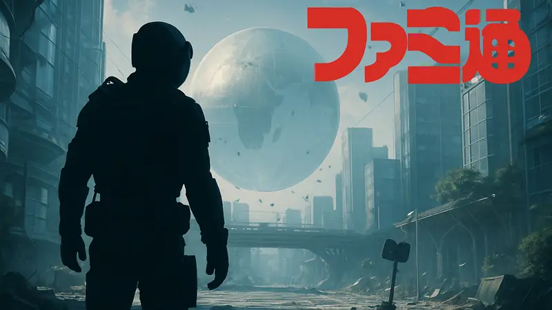 Кадр из игры Pragmata с главным героем на футуристической локации, рядом логотип Famitsu.