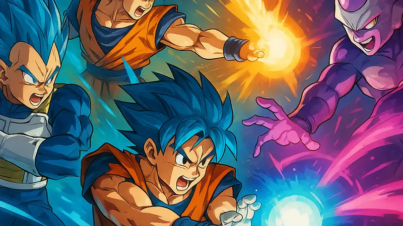 Персонажи Dragon Ball Super используют свои сильнейшие энергетические атаки в динамичной позе