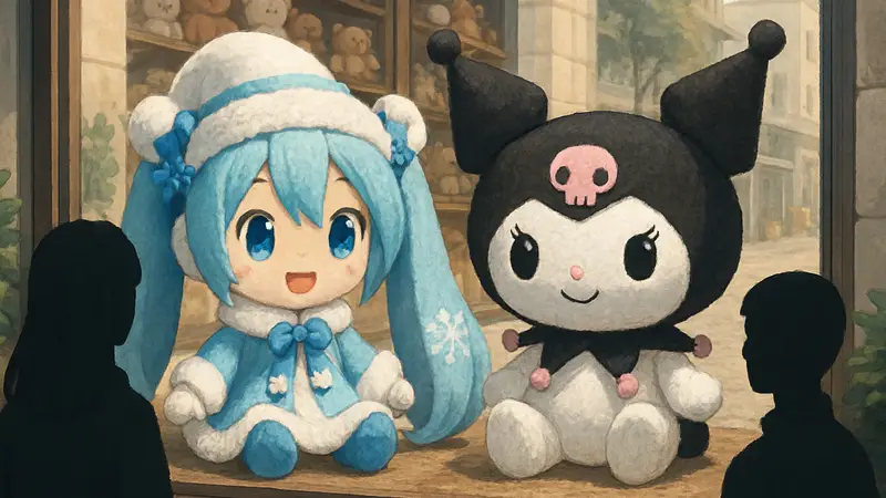 Плюшевые игрушки Хатсуне Мику в образе Снежной Мику и Куроми из Sanrio в Японии.