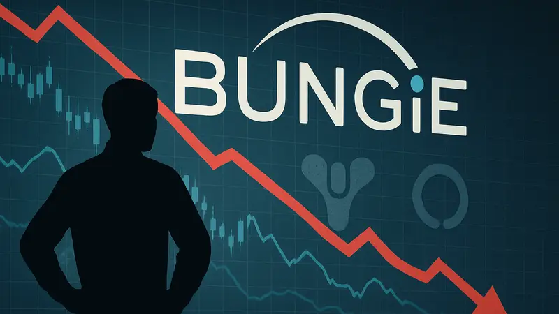 Логотип Bungie на фоне финансовых графиков, символизирующих убытки Sony от приобретения студии.