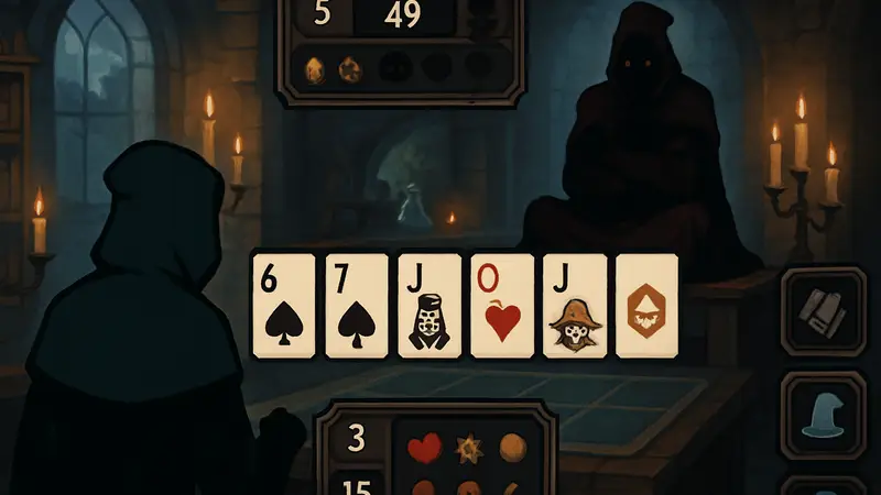 Скриншот игрового процесса Pokermancer с карточным полем и элементами интерфейса.