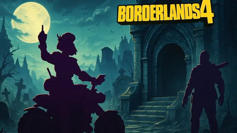 Обложка DLC "Безумная Элли и Склеп Проклятых" для Borderlands 4 с персонажами