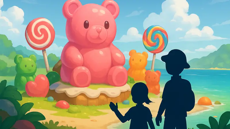 Игровой арт Heartopia с изображением Медвежьих конфет на острове, гайд по событию