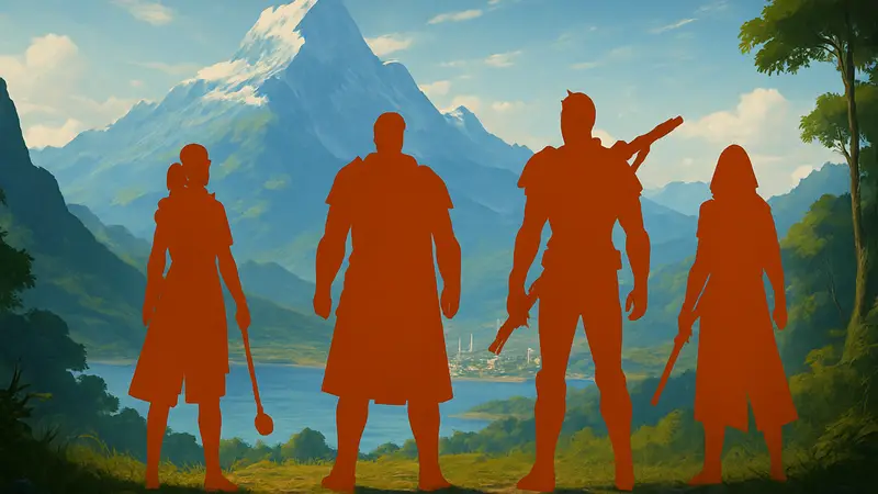Герои The Blood of Dawnwalker на фоне пейзажей, готовящиеся к приключениям.