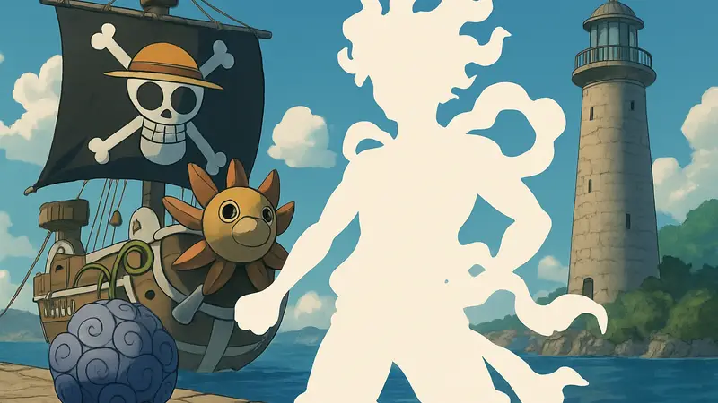 Luffy в одной из трансформаций Gear, возможно Gear 6, на фоне элементов One Piece