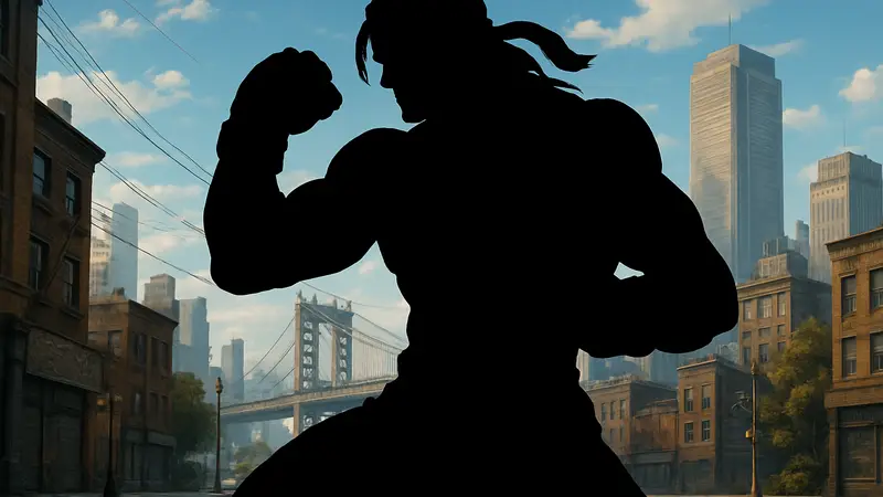 Персонаж Алекс из Street Fighter 6 в боевой позе на фоне городского пейзажа