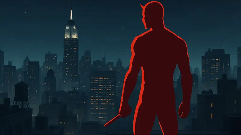 Сорвиголова в своём красном костюме, стоящий на крыше здания Нью-Йорка на фоне ночного города