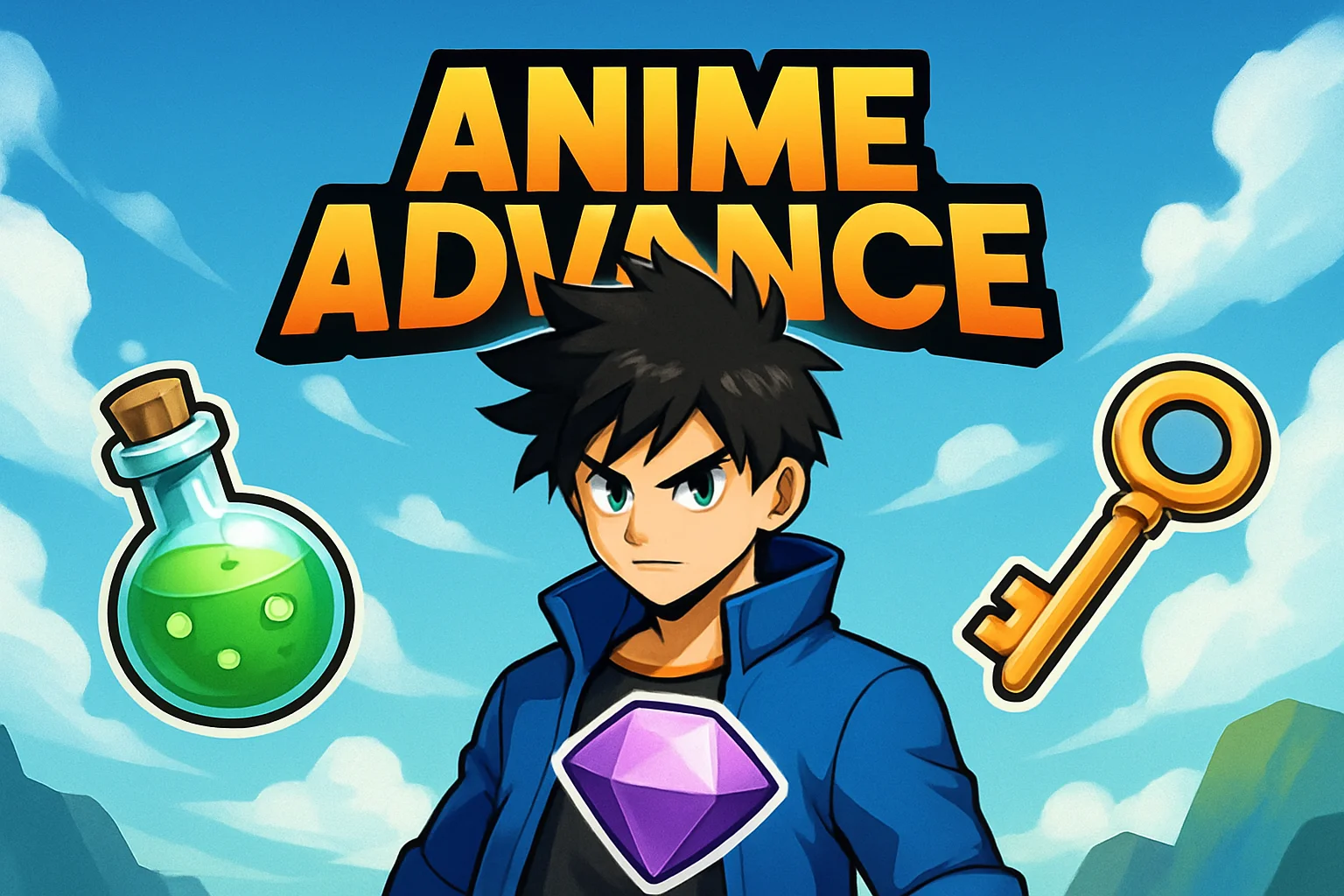 Изображение игрового процесса или логотипа Anime Advance с символами зелий, самоцветов и ключей.
